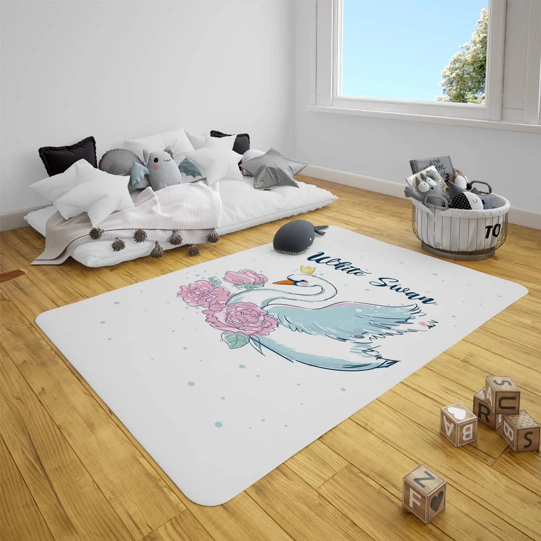 Kuğu Çocuk Halısı | Beyaz taç, pembe çiçekler Desenli