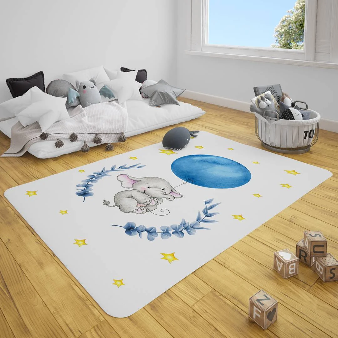 Fil Çocuk Halısı | Beyaz yıldız, mavi balon Desenli