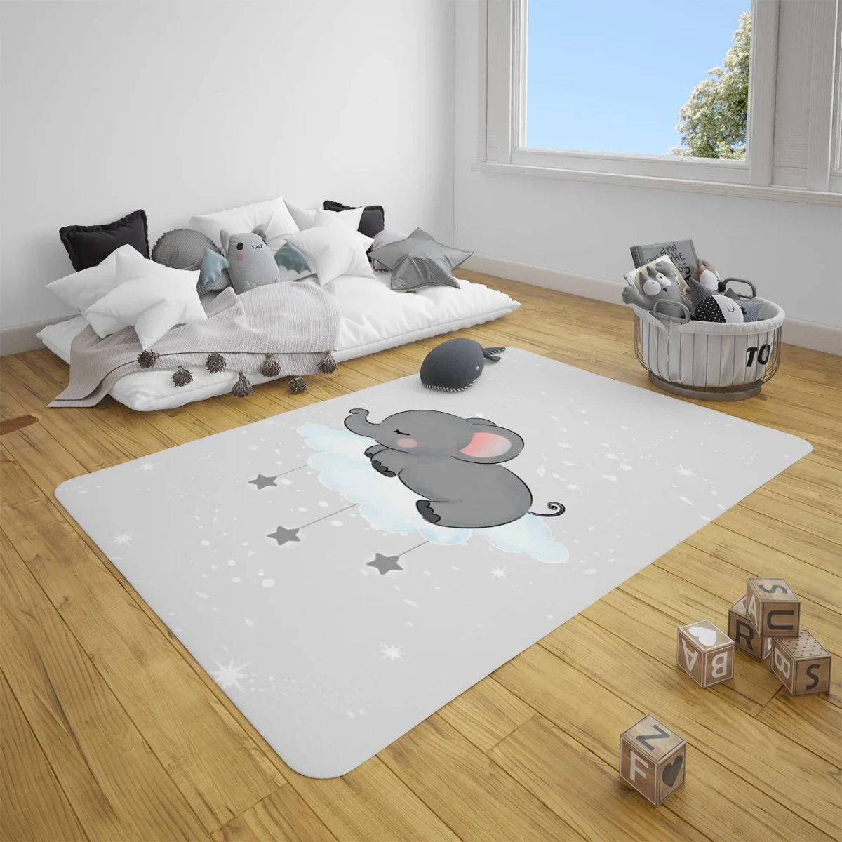 Fil Çocuk Halısı | Gri bulut, yıldız Desenli