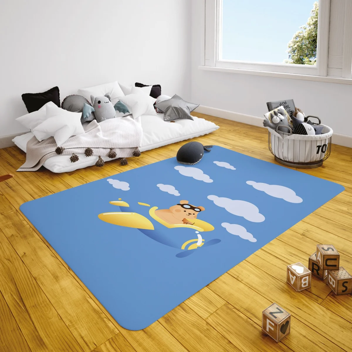 Pilot Ayı Çocuk Halısı | Mavi bulutlar Desenli