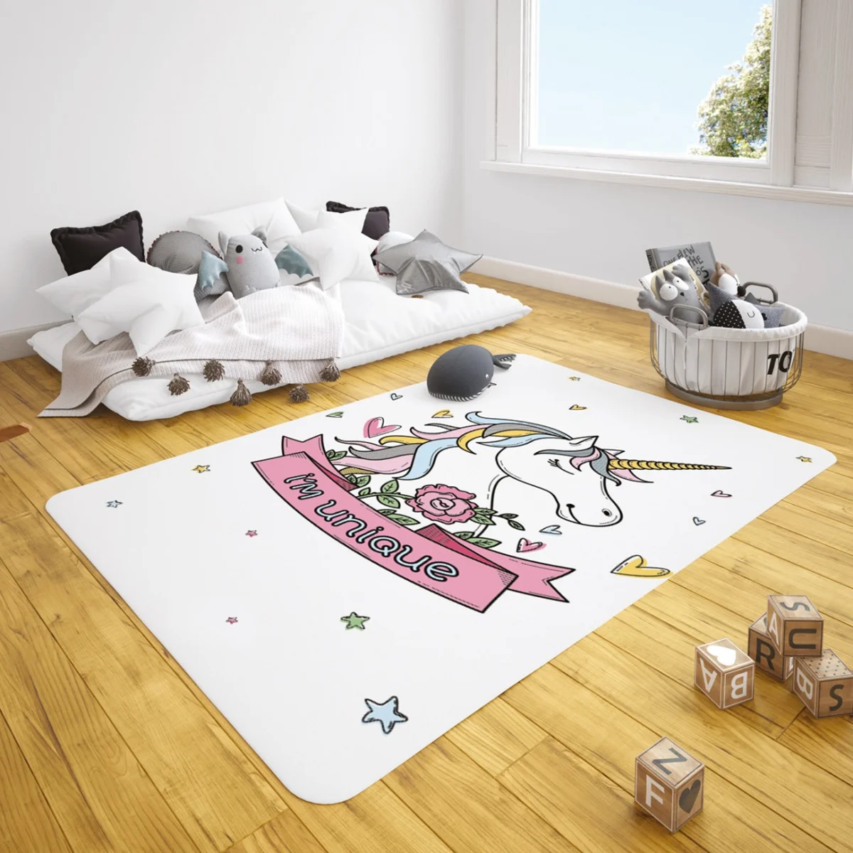 Unicorn Çocuk Halısı | Beyaz kalpler, yıldızlar Desenli