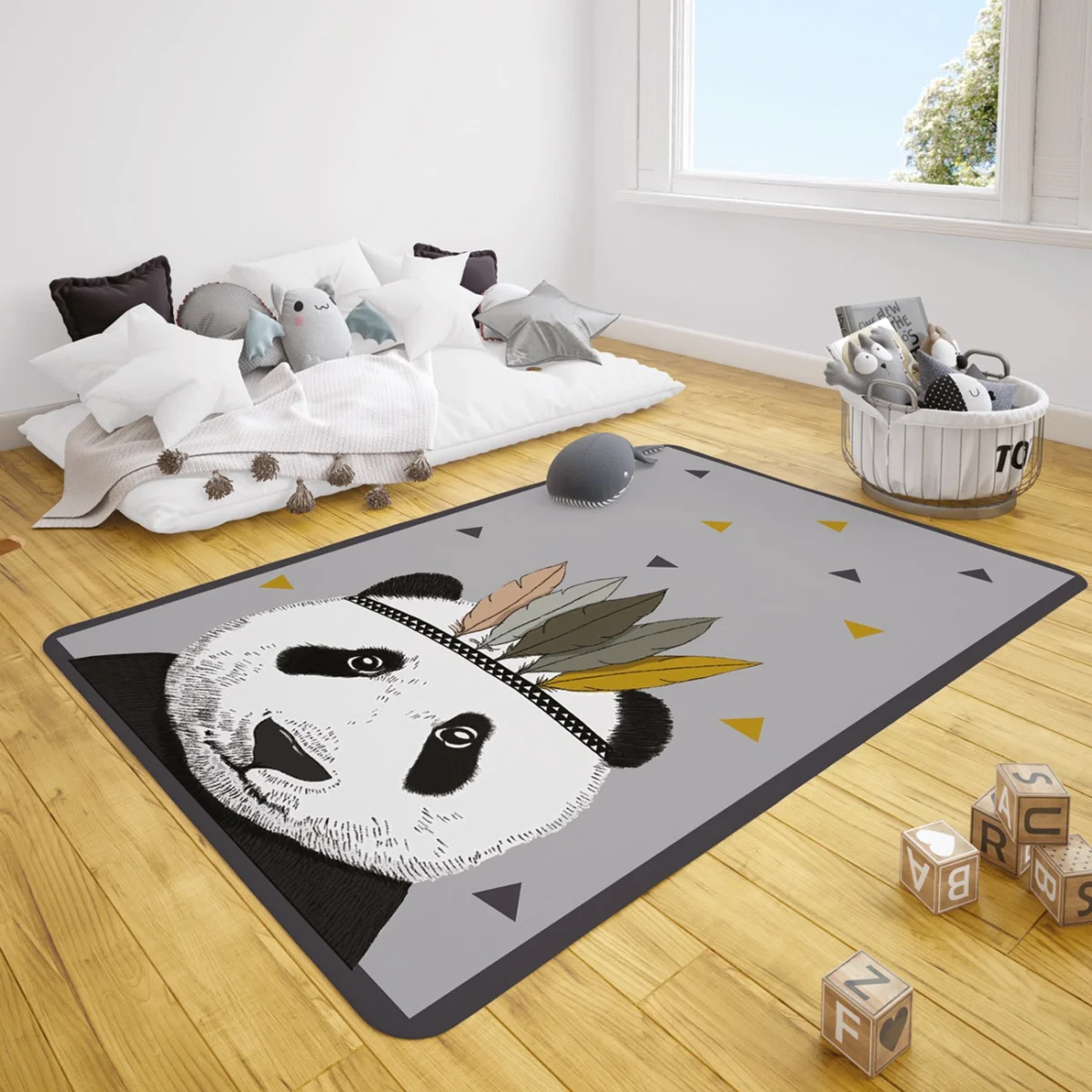 Panda Çocuk Halısı | Gri tüylü taç, sarı ve gri üçgenler Desenli