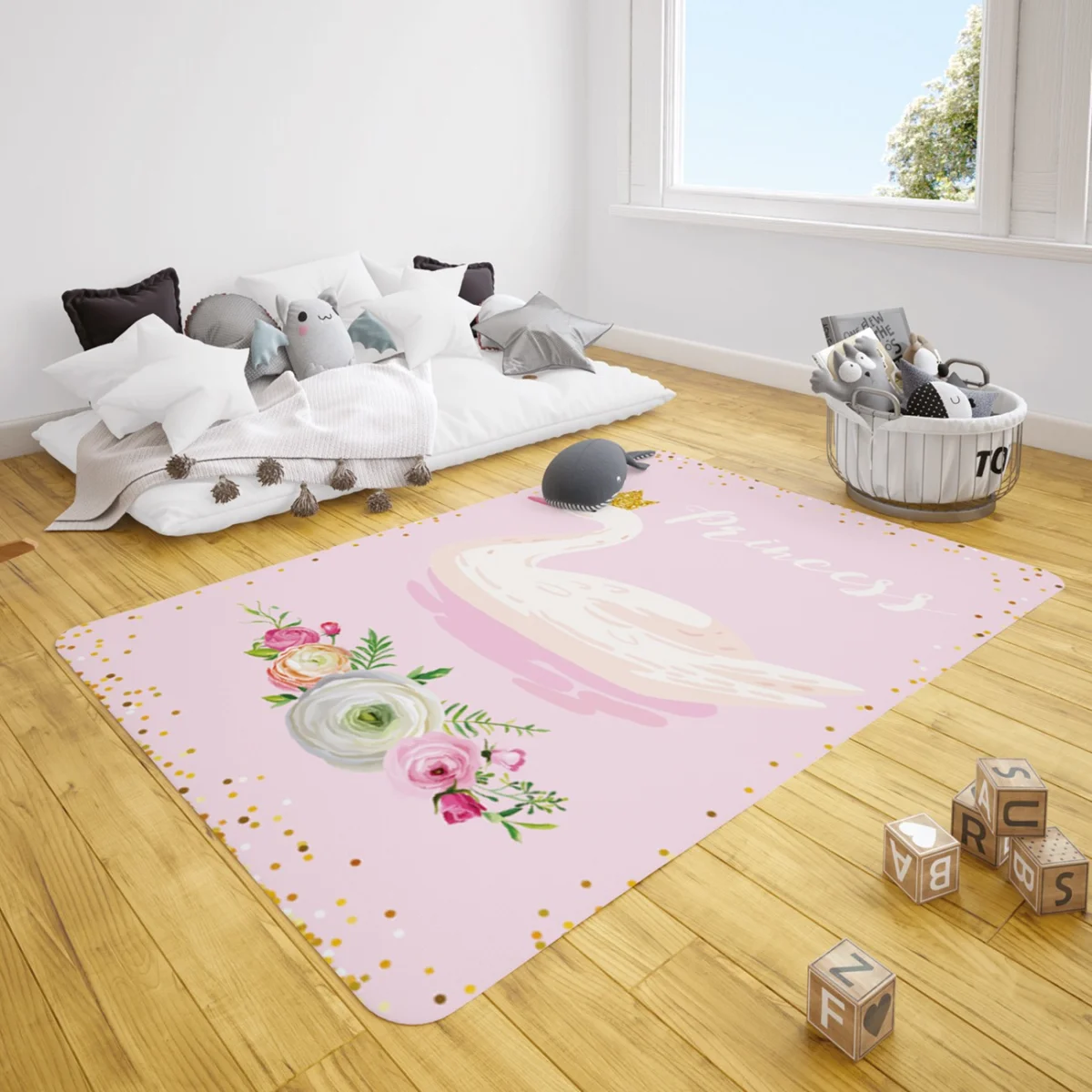 Prenses Kuğu Çocuk Halısı | Pembe Altın noktalar ve çiçekler Desenli