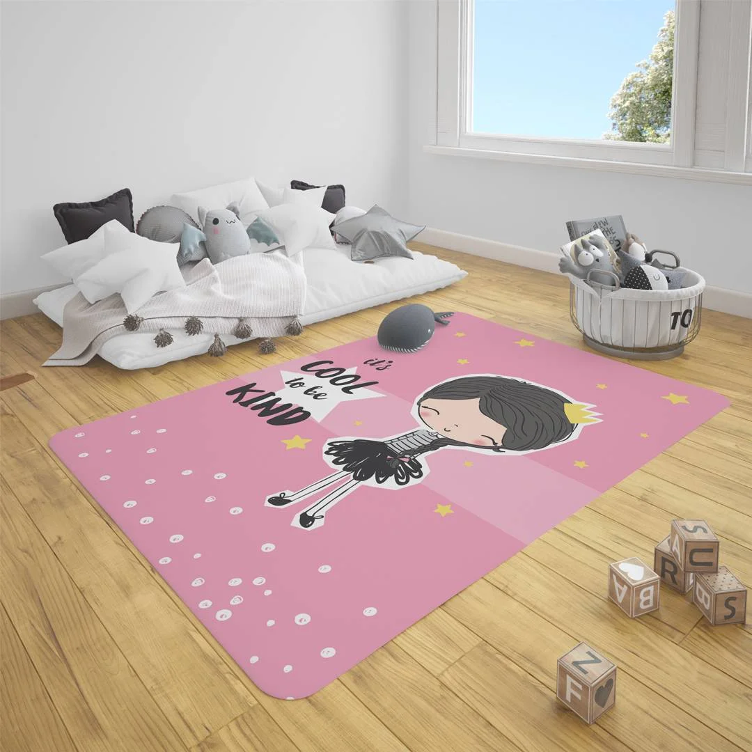 Prenses kız karakteri Çocuk Halısı | Pembe yıldızlar, noktalar Desenli