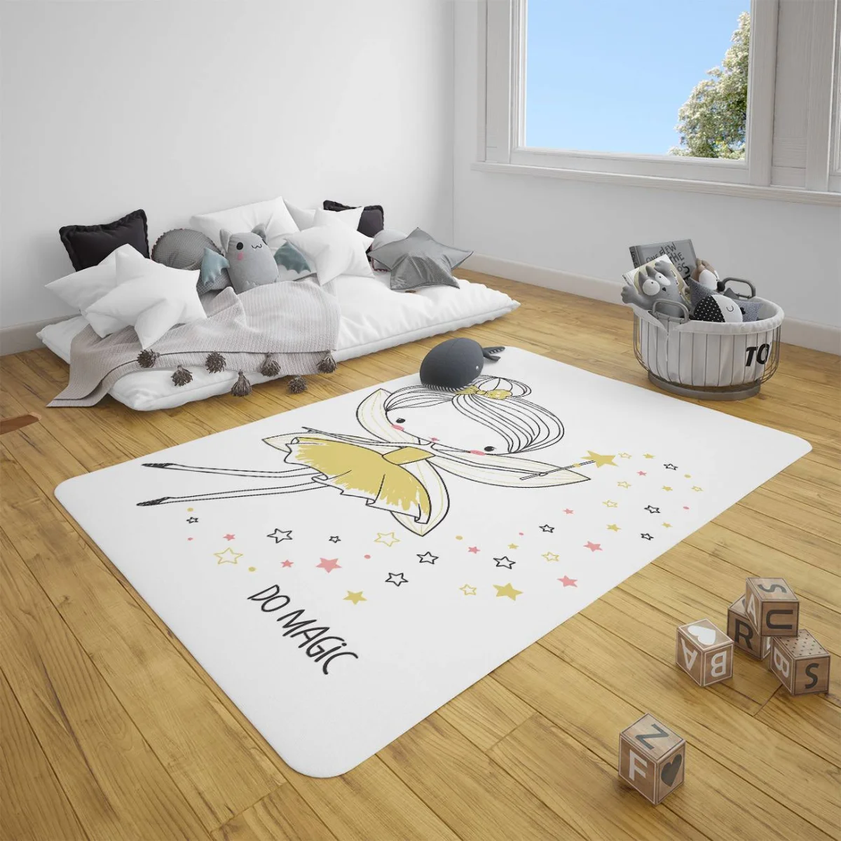 Peri Kız Çocuk Halısı | Beyaz yıldızlar, noktalar Desenli