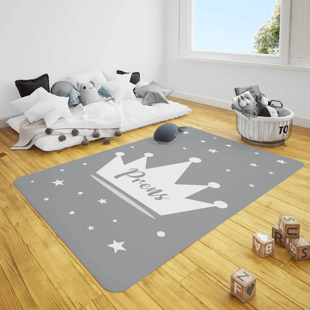 Prens Çocuk Halısı | Mavi Taç, yıldızlar ve noktalar Desenli