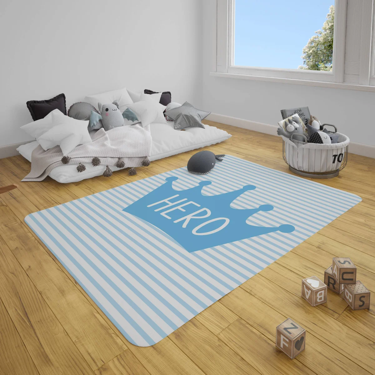 Kahraman (Hero) Çocuk Halısı | Mavi Taç, çizgili Desenli