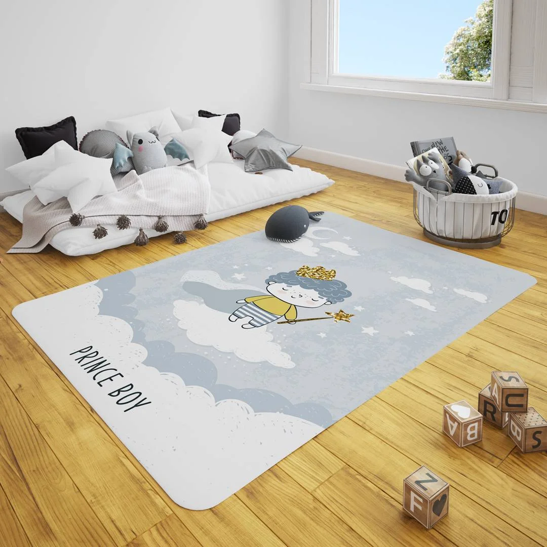 Prens Çocuk Halısı | Mavi bulut, yıldız Desenli