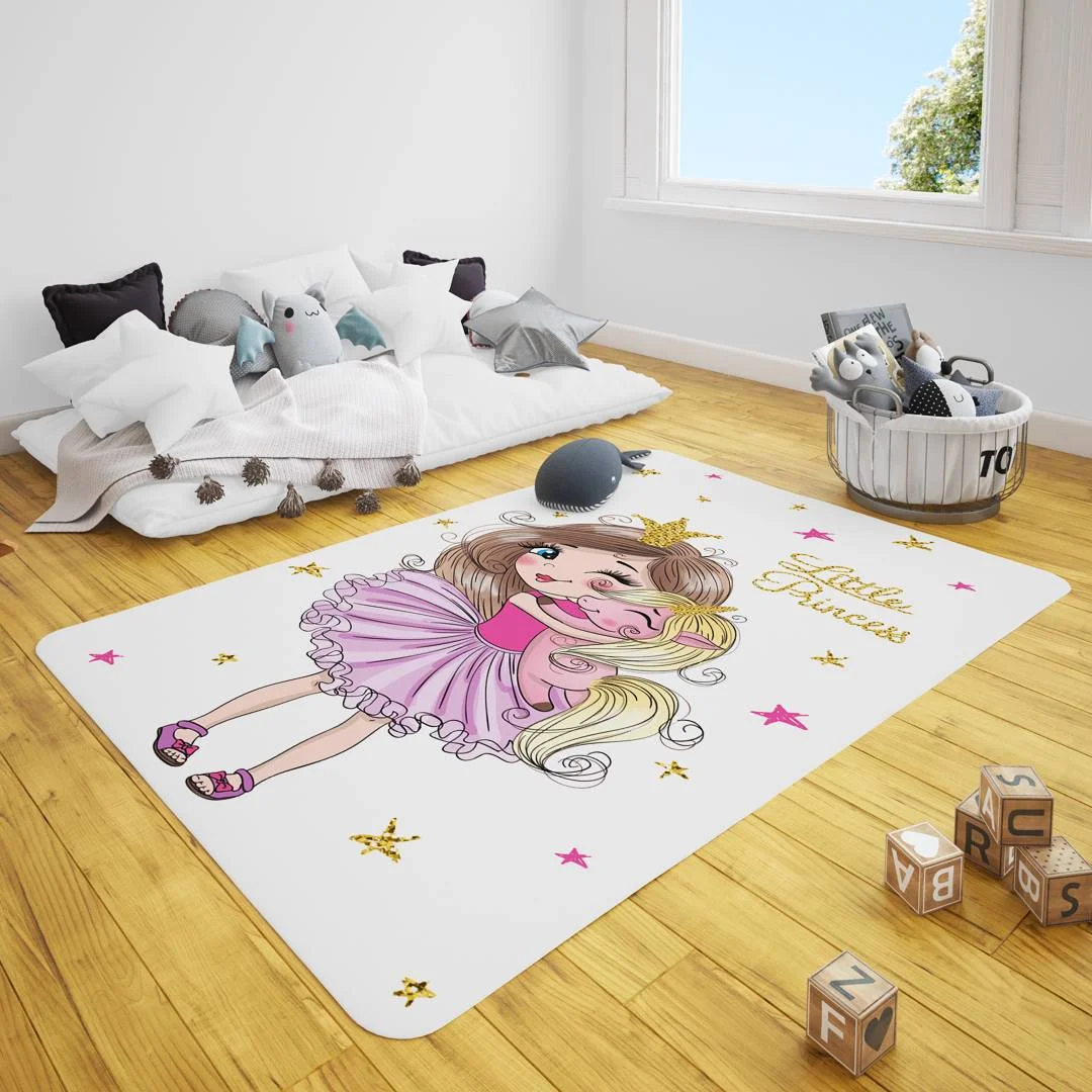 Prenses ve Unicorn Çocuk Halısı | Beyaz yıldızlar, taçlar Desenli