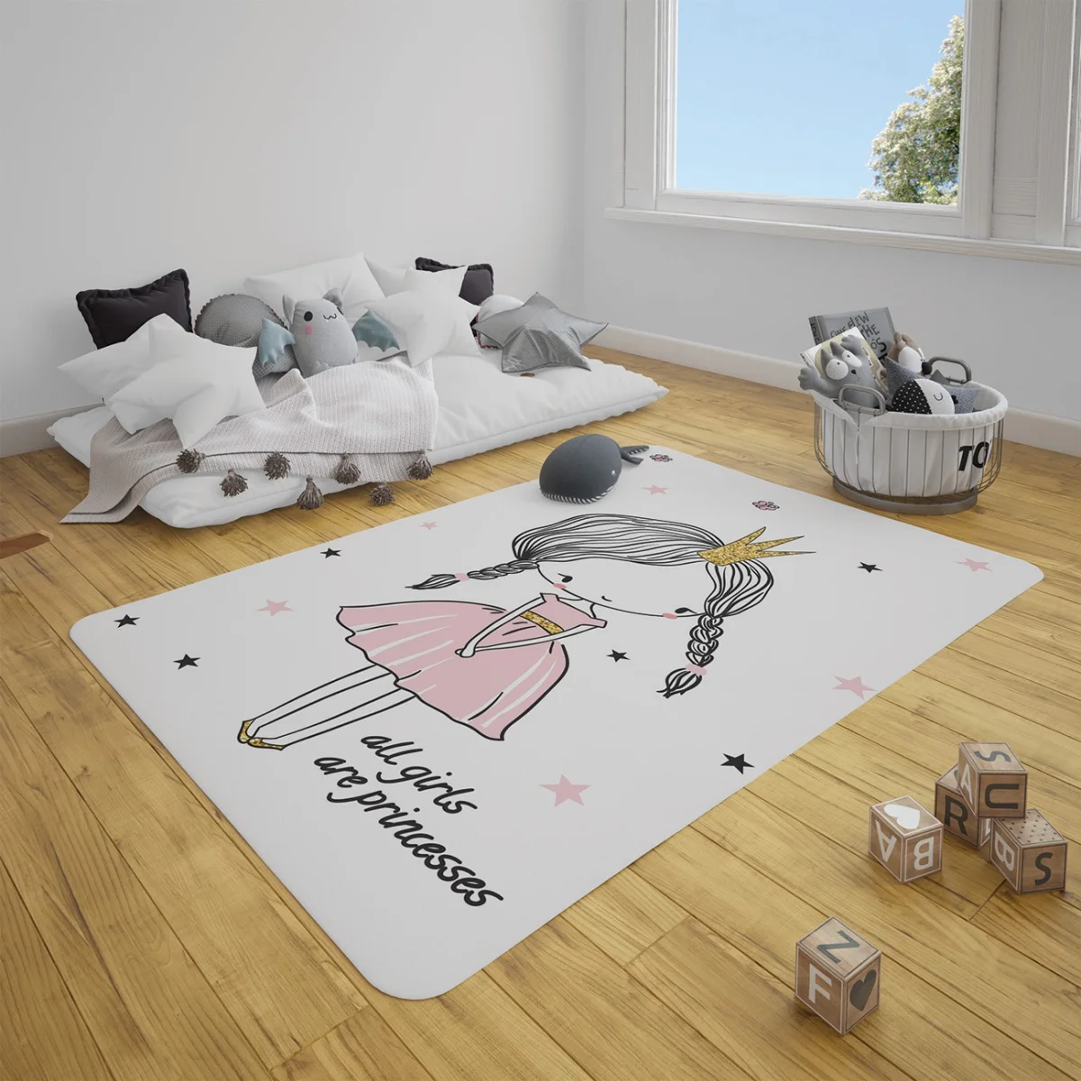 Prenses Kız Çocuk Halısı | Beyaz yıldızlar, bulut Desenli