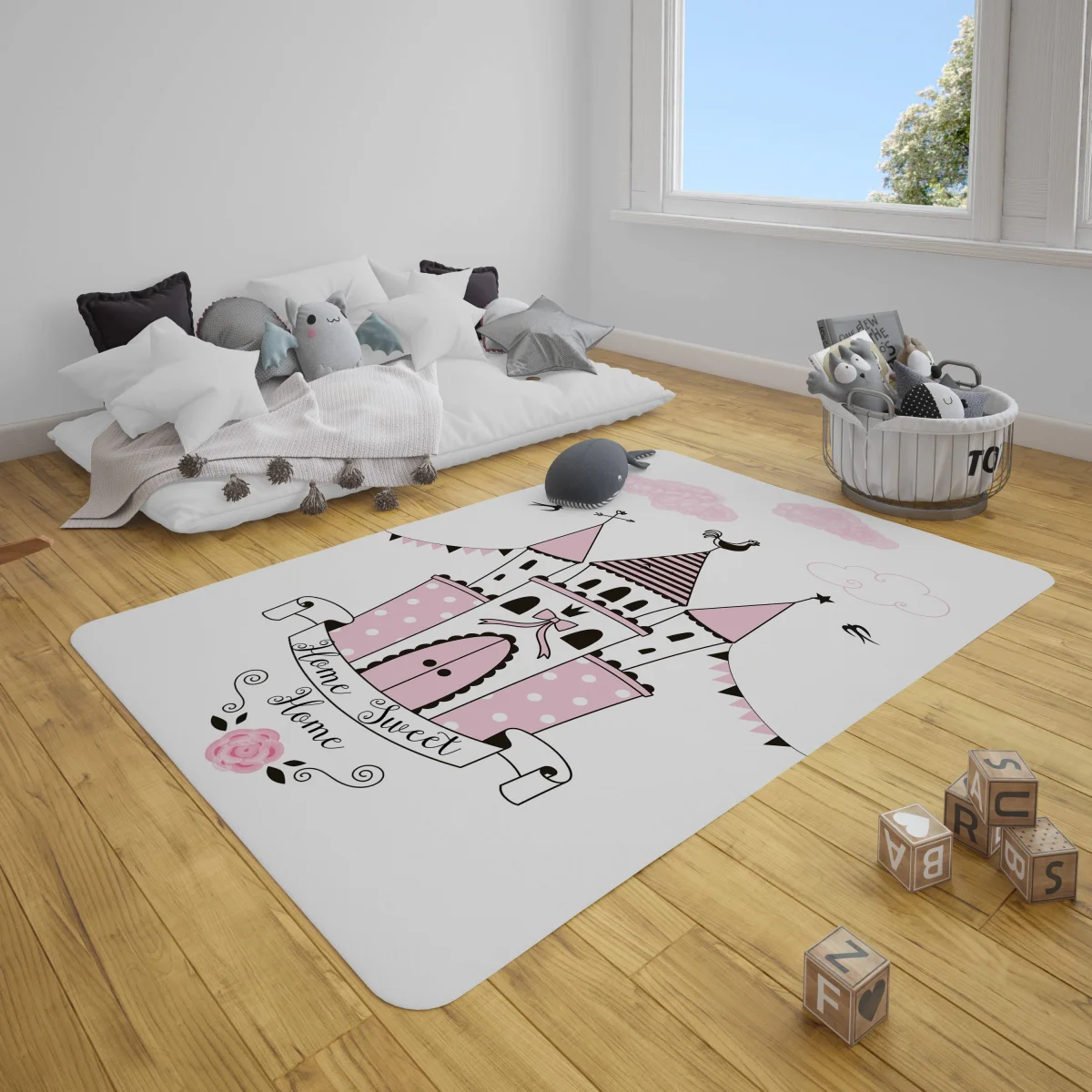 Prenses Çocuk Halısı | Beyaz Kalpler, kale Desenli