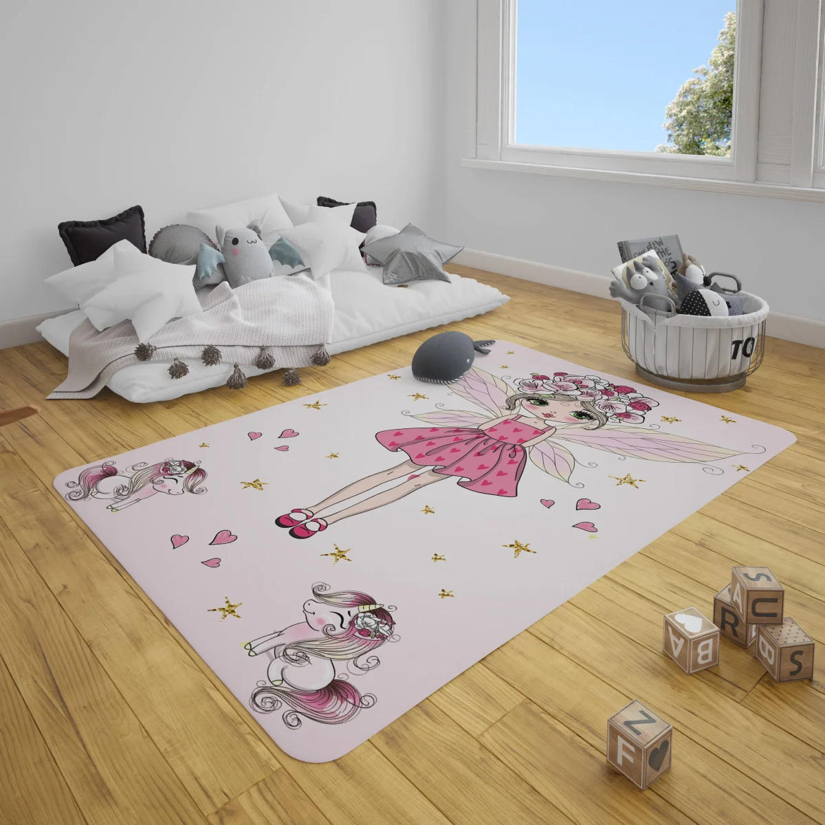 Peri, Unicorn, Sihir Çocuk Halısı | Beyaz yıldız, kalp Desenli
