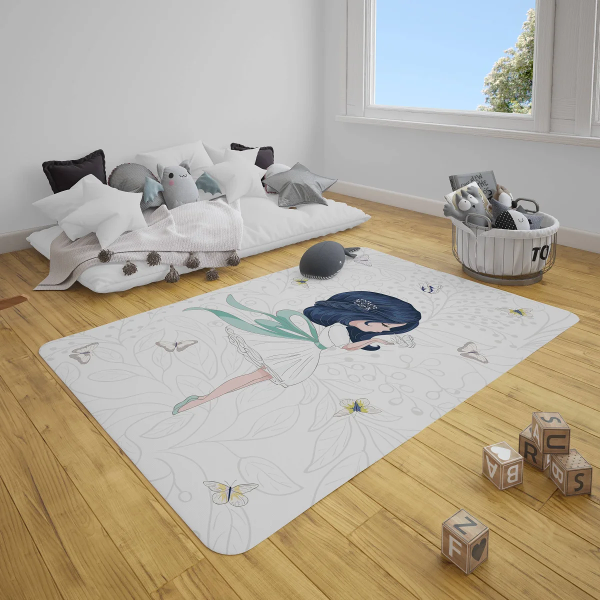 Kız, kelebekler Çocuk Halısı | Beyaz Kelebekler, floral desen Desenli