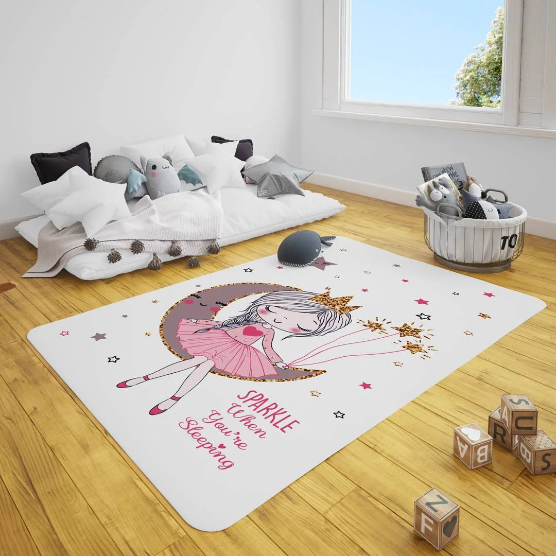Rüya temalı kız Çocuk Halısı | Beyaz Ay, yıldızlar Desenli