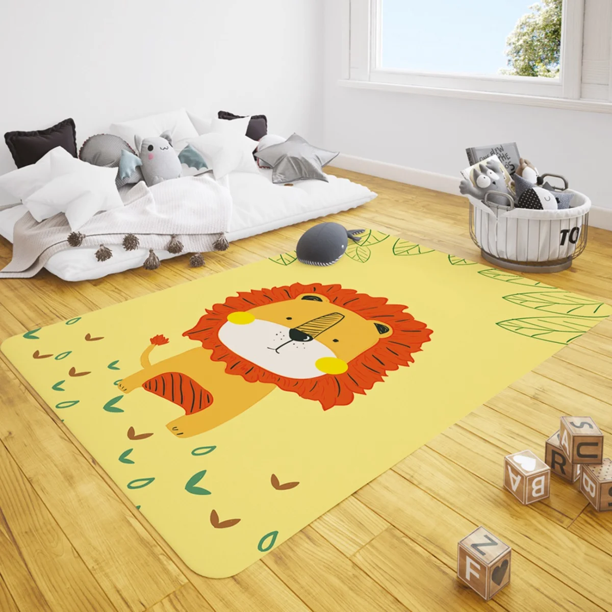 Aslan Çocuk Halısı | Sarı yeşil yapraklar, küçük bitki figürleri Desenli