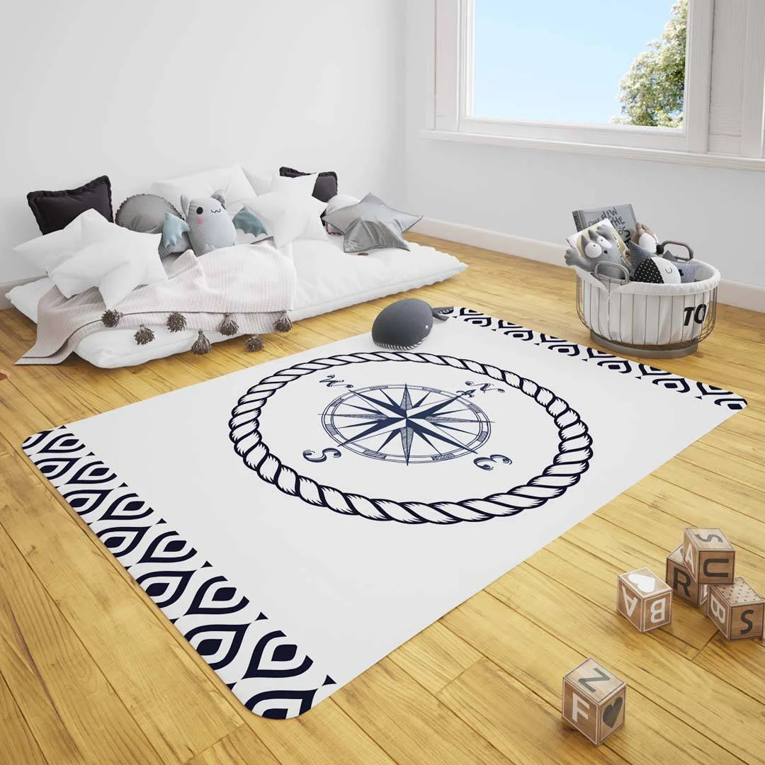 Denizci Çocuk Halısı | Beyaz Çapa, pusula Desenli