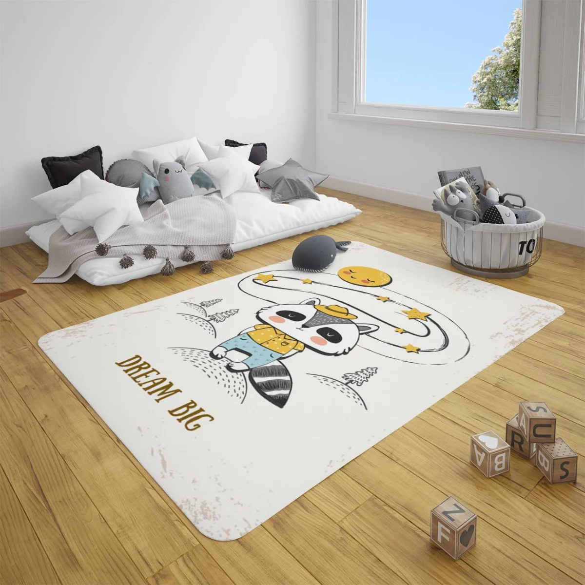 Orman Hayvanları Çocuk Halısı | Beyaz yıldız, güneş Desenli
