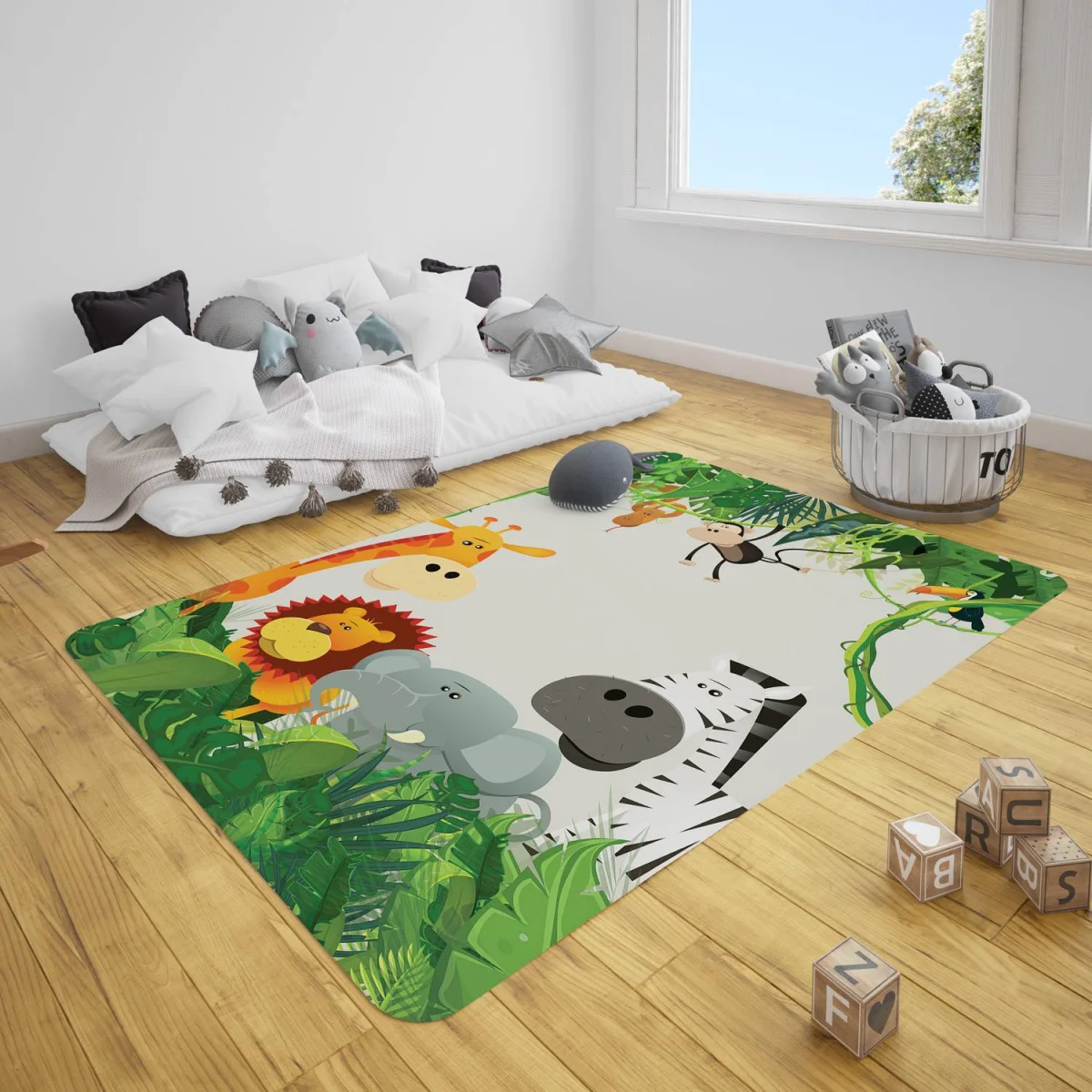 Orman Hayvanları Çocuk Halısı | Açık Gri yeşil yapraklar ve sarmaşıklar Desenli
