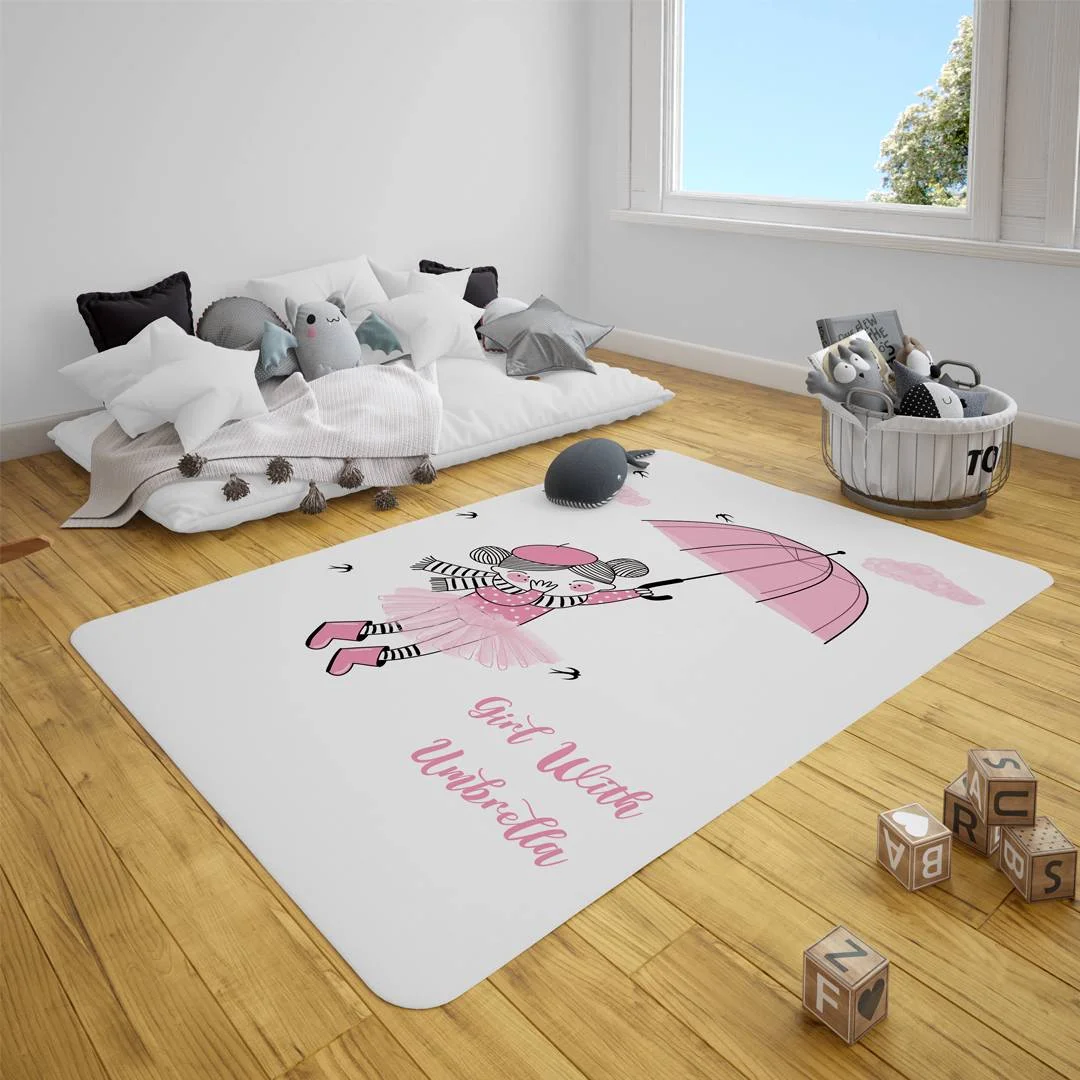 Şemsiyeli Kız Çocuk Halısı | Beyaz pembe bulutlar, uçan kuşlar Desenli