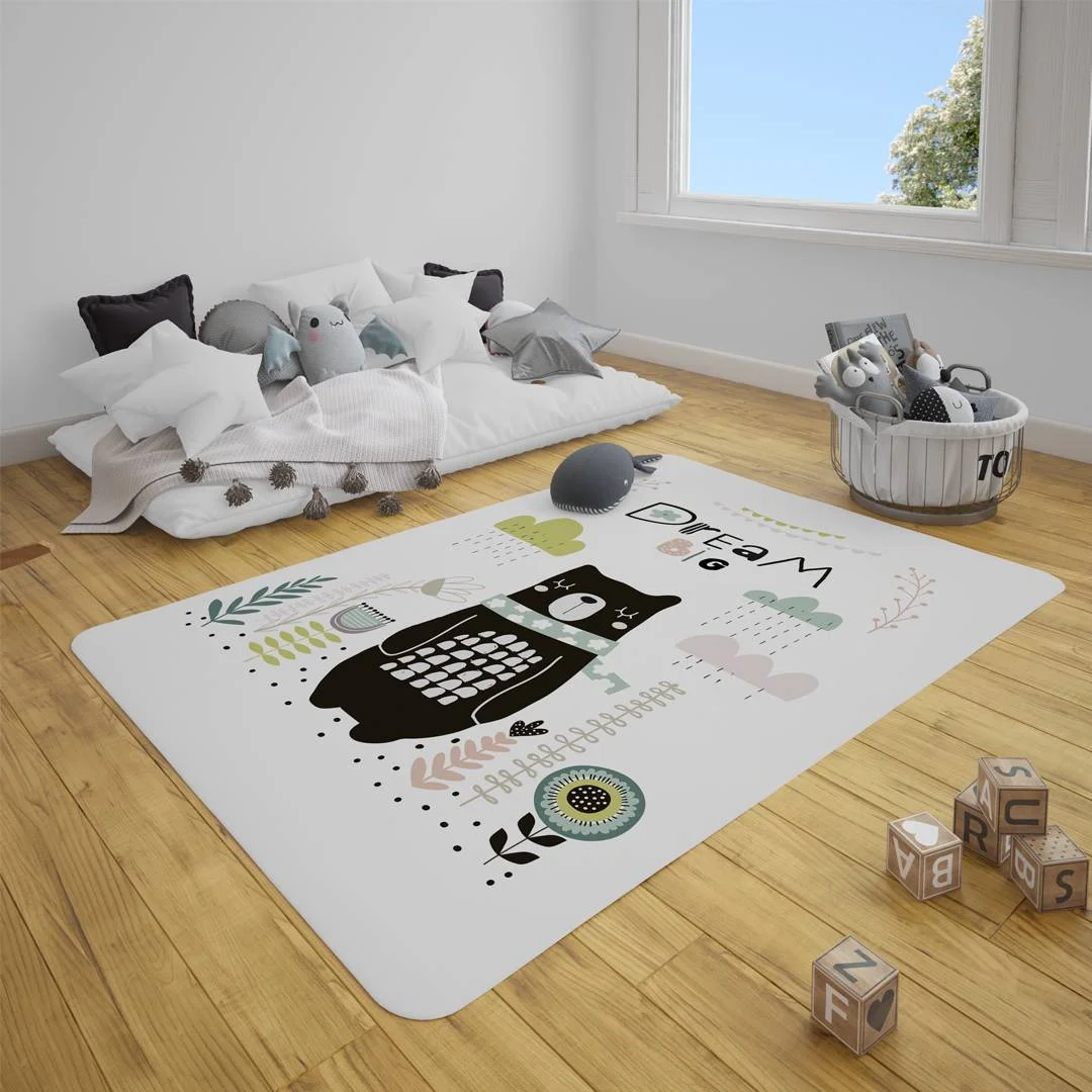 Ayı Çocuk Halısı | Beyaz Bulutlar, yapraklar Desenli