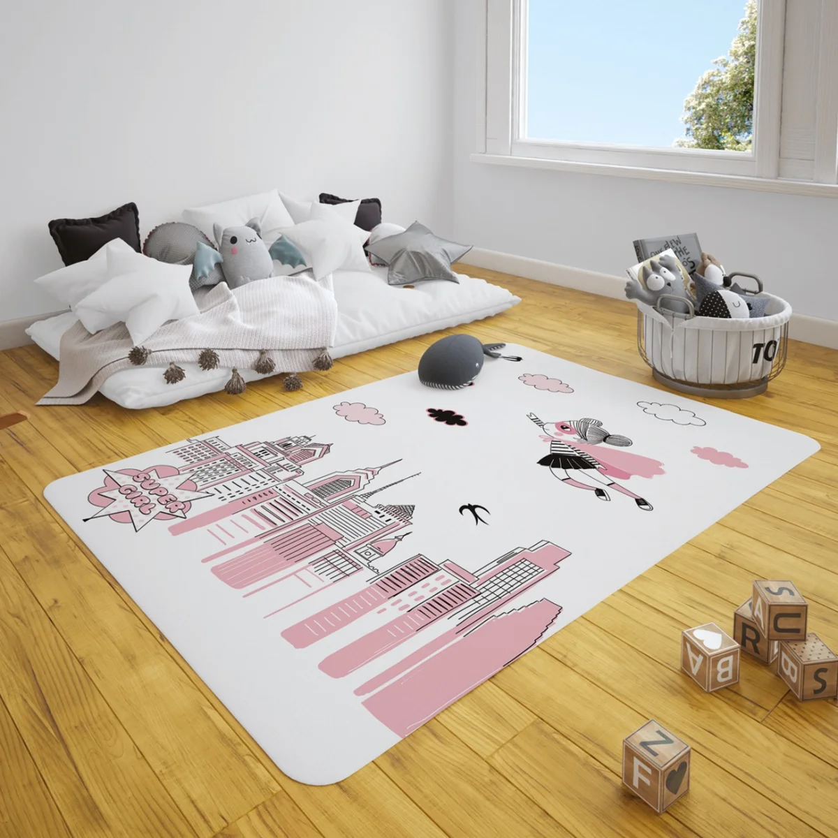 Süper Kız Çocuk Halısı | Beyaz şehir manzarası, bulutlar Desenli