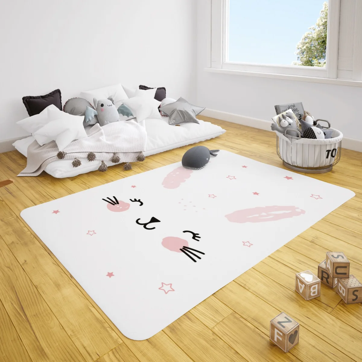 Tavşan Çocuk Halısı | Beyaz pembe ve çerçeveli yıldızlar Desenli