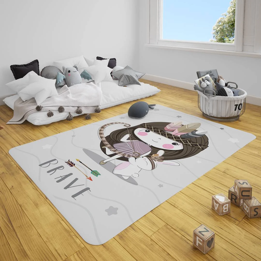 Yerli kız ve tavşan Çocuk Halısı | Beyaz yıldızlar, dalgalı çizgiler Desenli