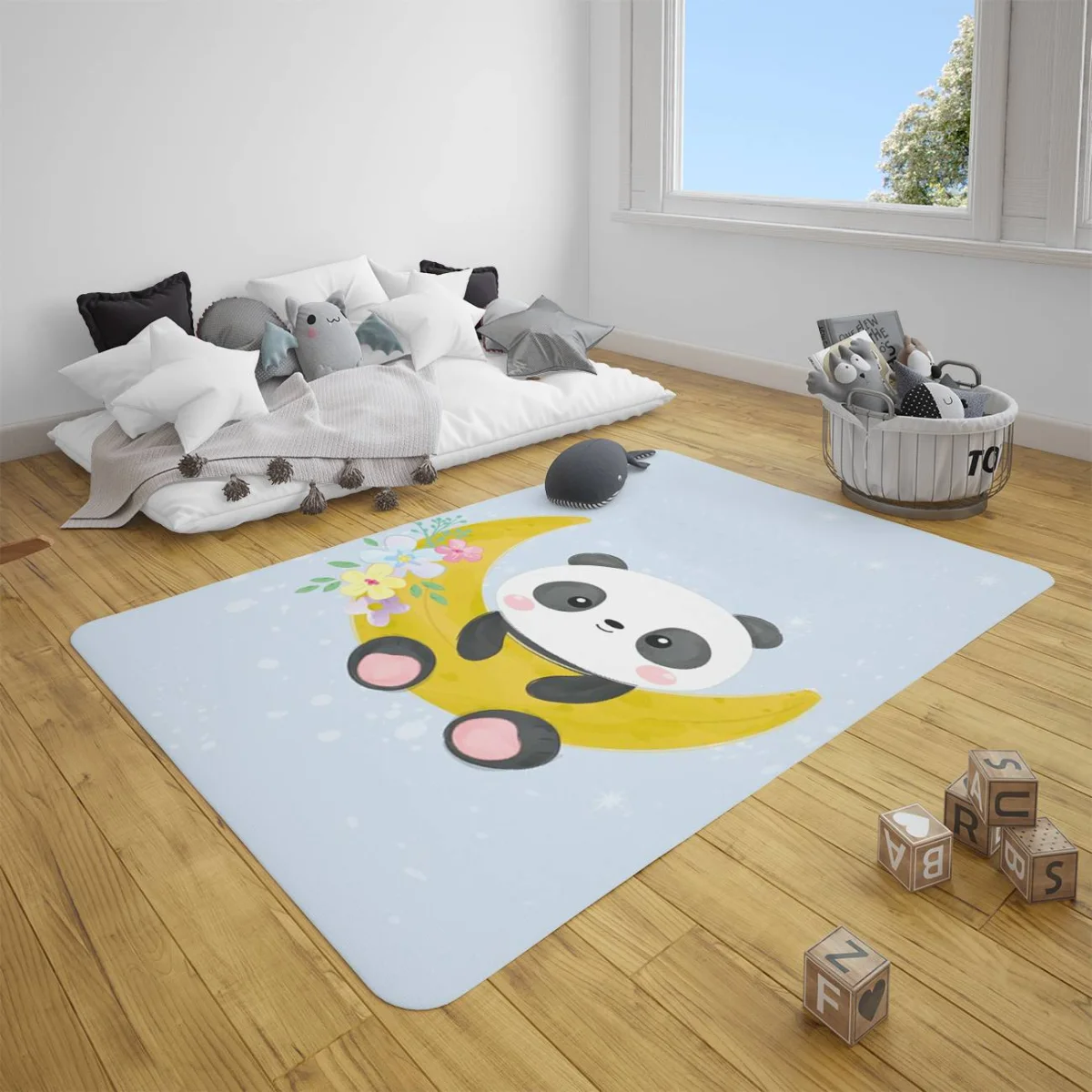 Panda, Ay Çocuk Halısı | Mavi yıldız, çiçekler Desenli