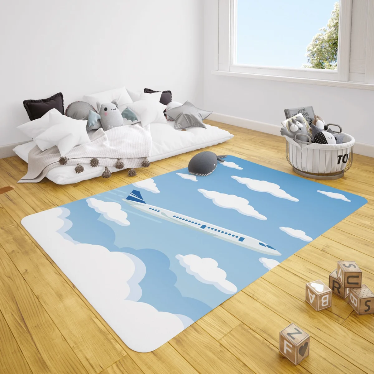 Uçak Çocuk Halısı | Mavi Bulutlar Desenli