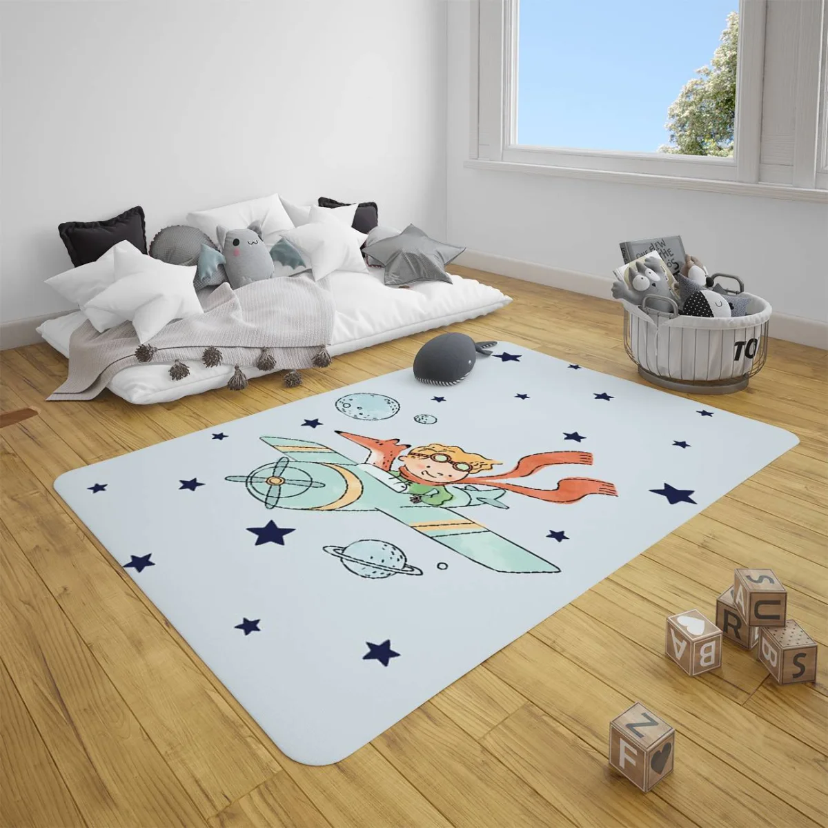 Uzay, Küçük Prens ve tilki Çocuk Halısı | Mavi yıldızlar, gezegenler Desenli
