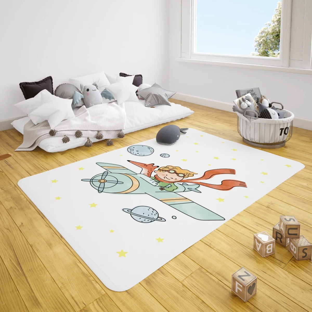 Küçük Prens, Uzay Çocuk Halısı | Beyaz yıldızlar, gezegenler Desenli