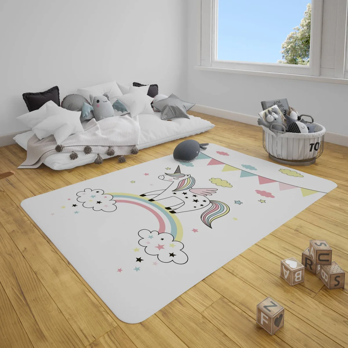 Unicorn Çocuk Halısı | Beyaz yıldız, bulut Desenli