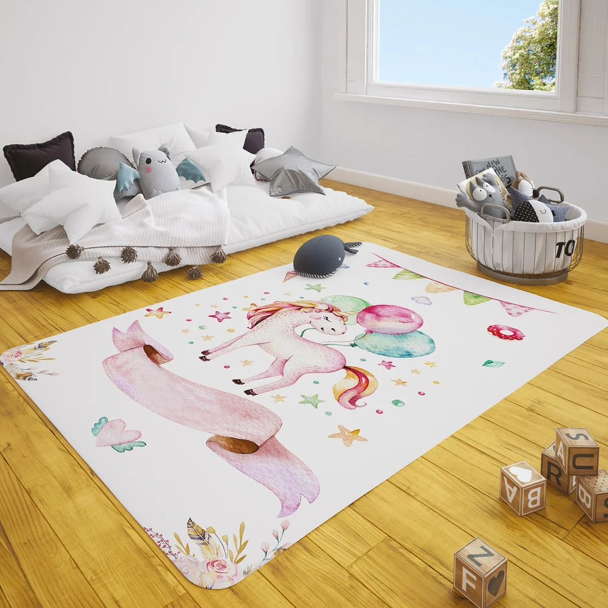 Unicorn Çocuk Halısı | Beyaz balon, yıldız Desenli