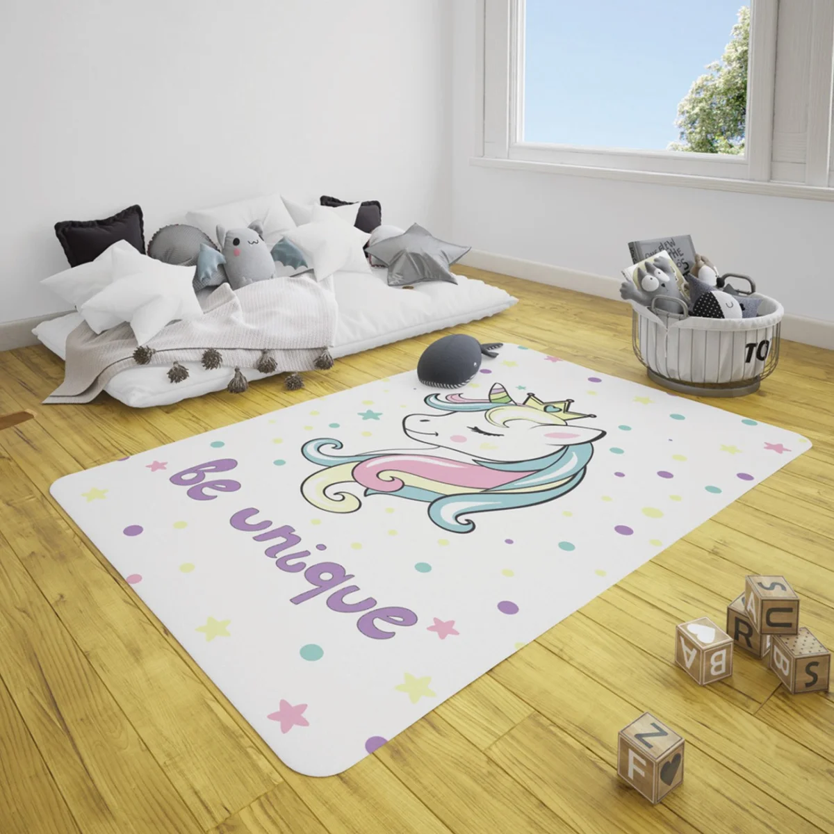 Unicorn Çocuk Halısı | Beyaz yıldızlar, renkli puantiyeler Desenli