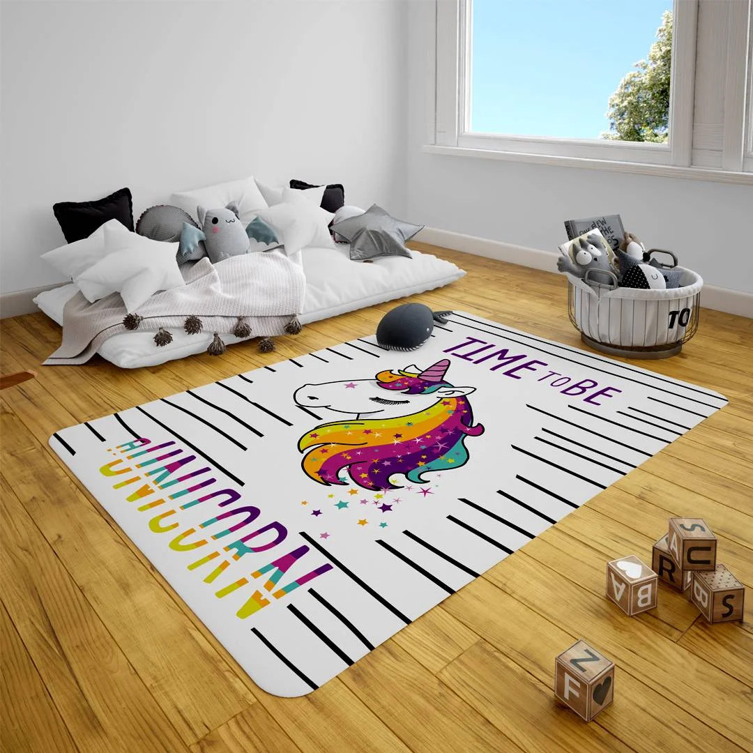 Unicorn Çocuk Halısı | Beyaz Yatay çizgiler, yıldızlar Desenli