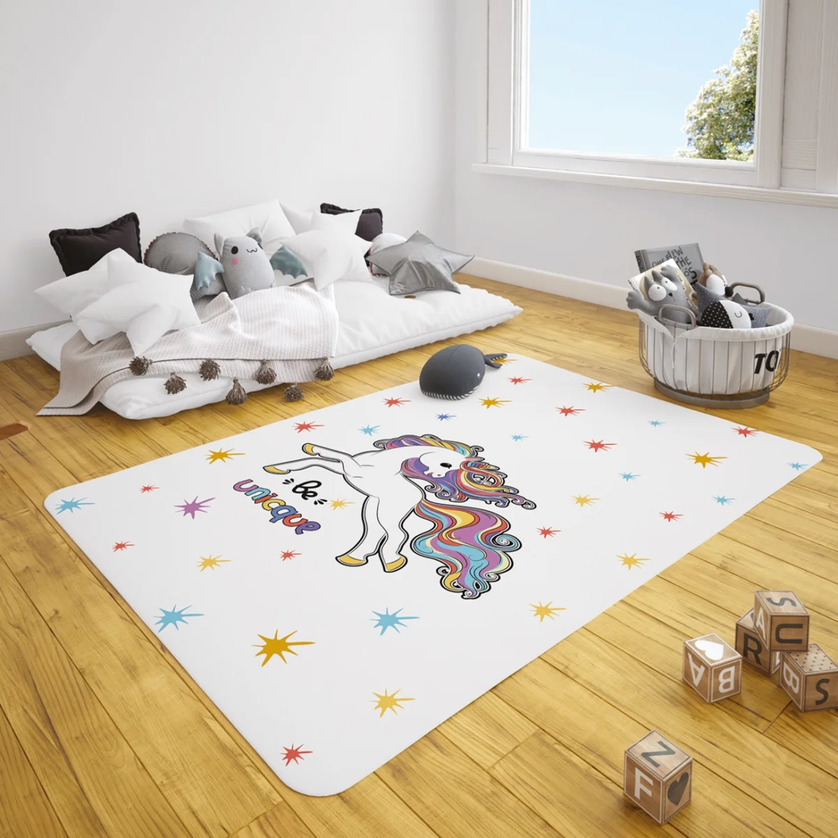 Unicorn Çocuk Halısı | Beyaz yıldızlar, gökkuşağı Desenli