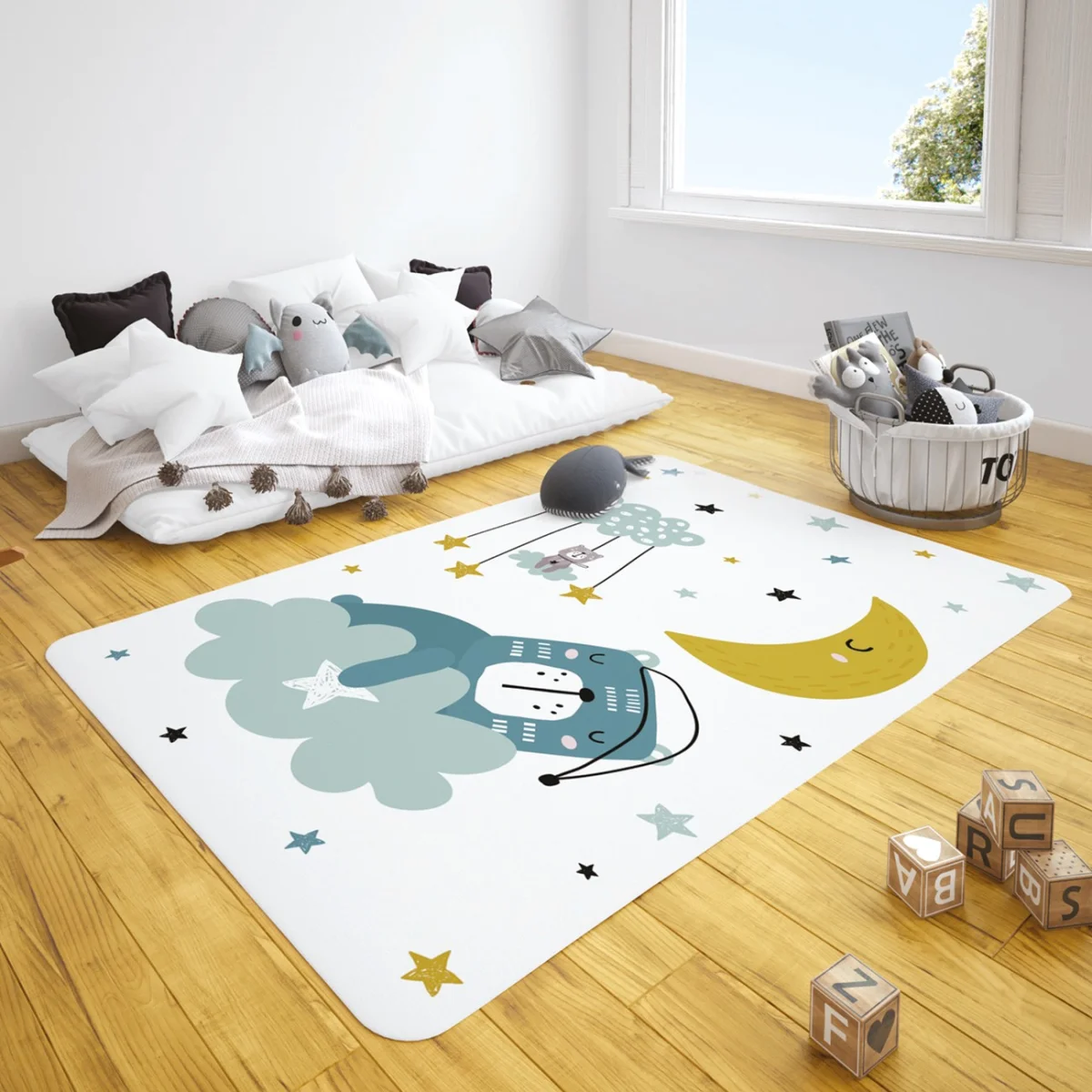 Uyuyan Ayıcık ve Gökyüzü Çocuk Halısı | Beyaz bulut, yıldız Desenli