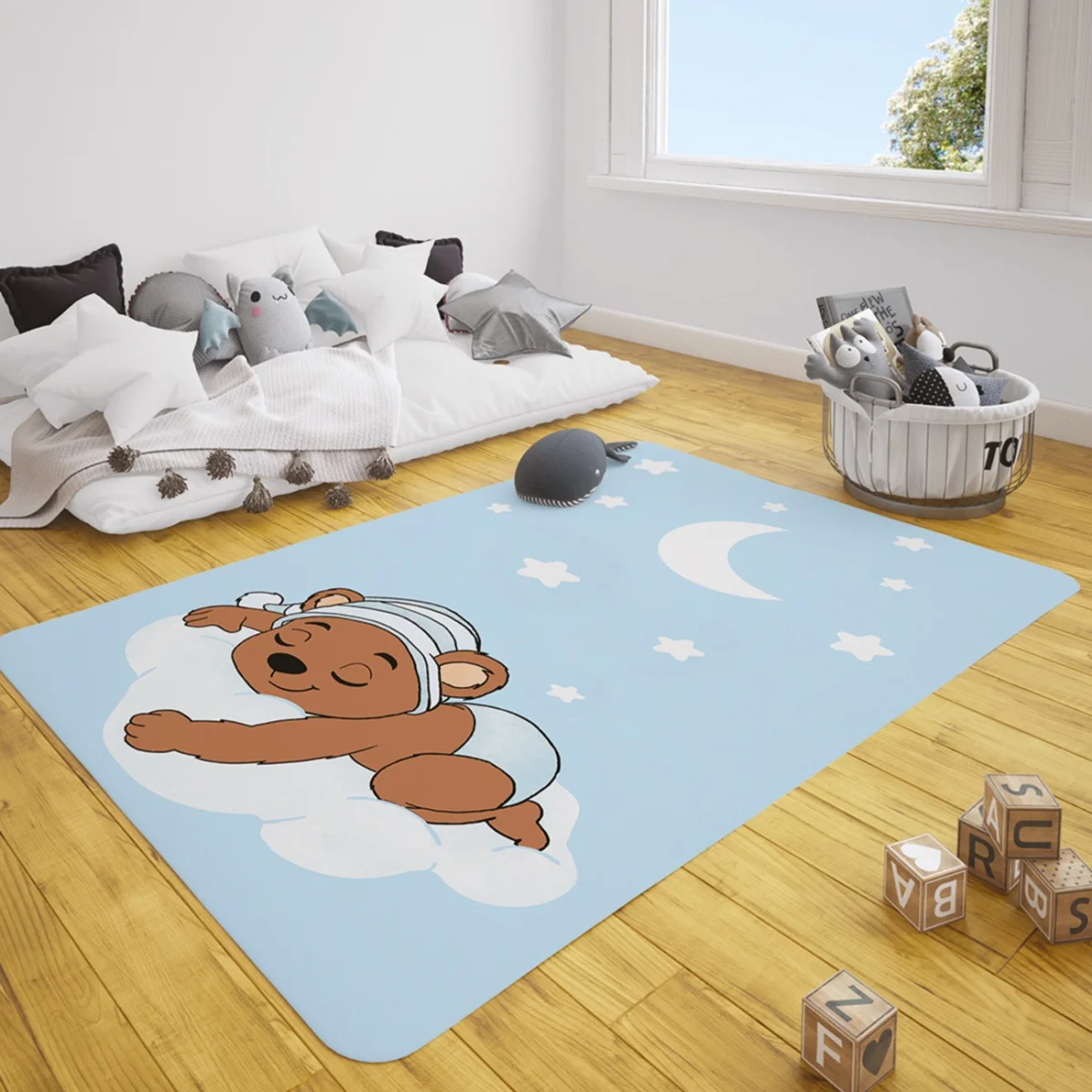 Ayıcık Çocuk Halısı | Mavi yıldızlar, bulut Desenli