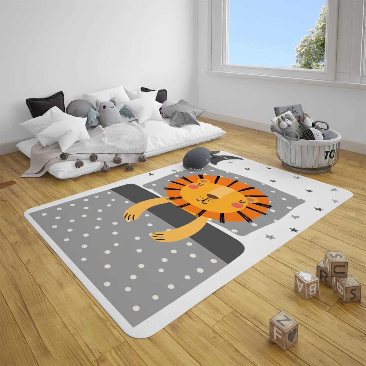 Aslan, Orman Hayvanları Çocuk Halısı | Gri, Beyaz yıldız, ay Desenli
