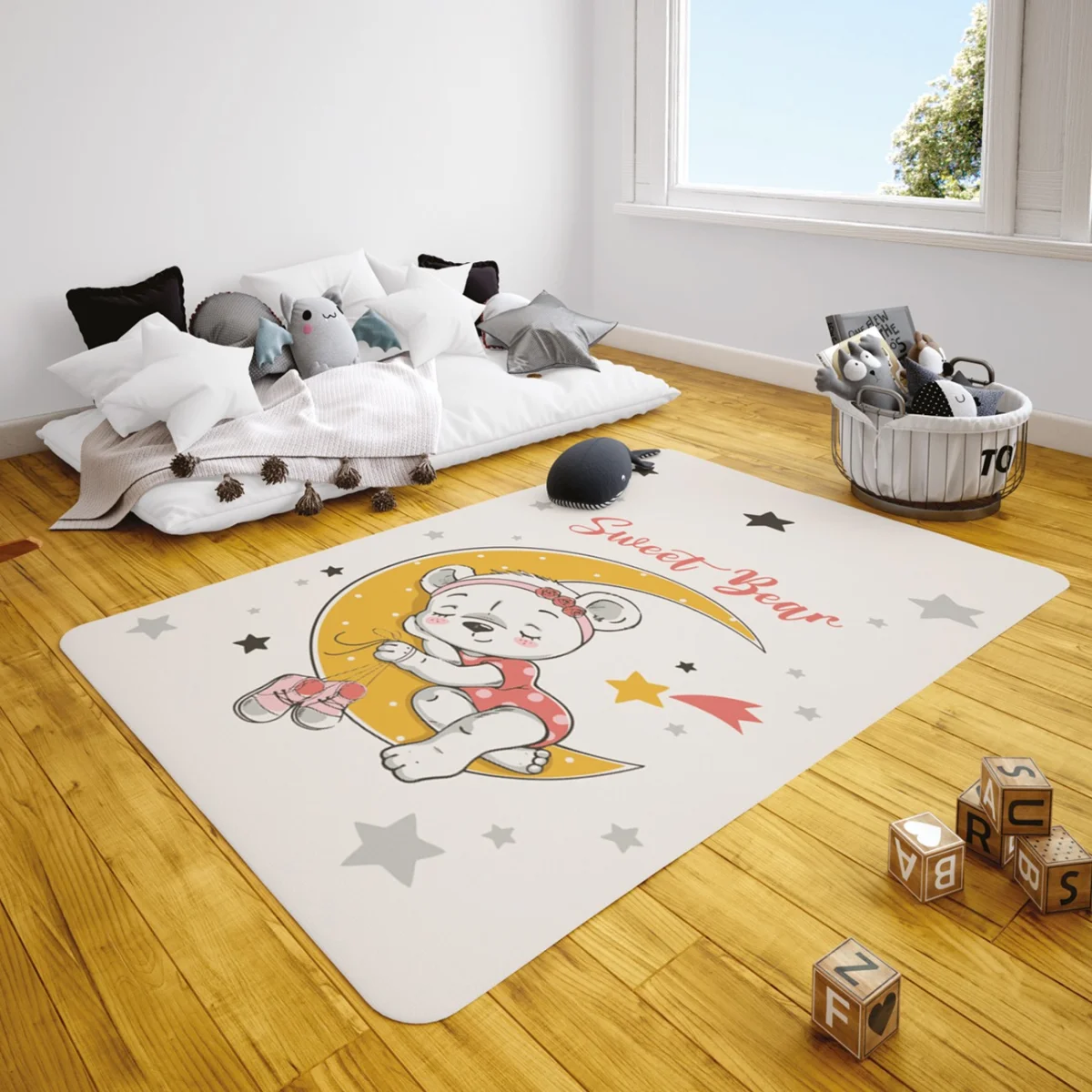 Uyuyan ayıcık, ay Çocuk Halısı | Beyaz Yıldızlar, kayan yıldız Desenli