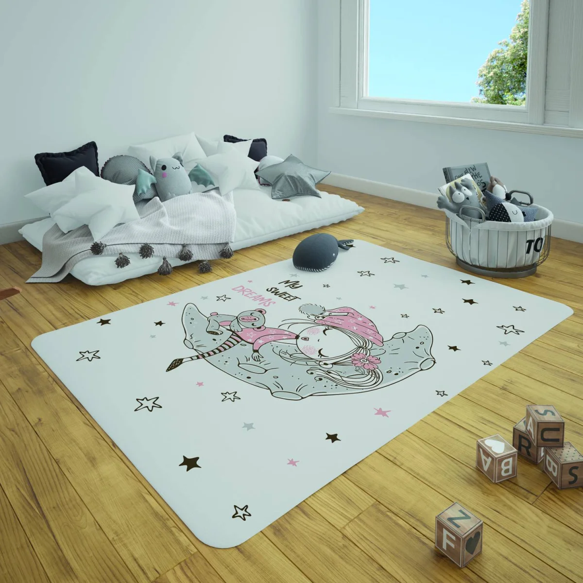 Uyuyan kız ve ay Çocuk Halısı | Beyaz yıldızlar, ay Desenli