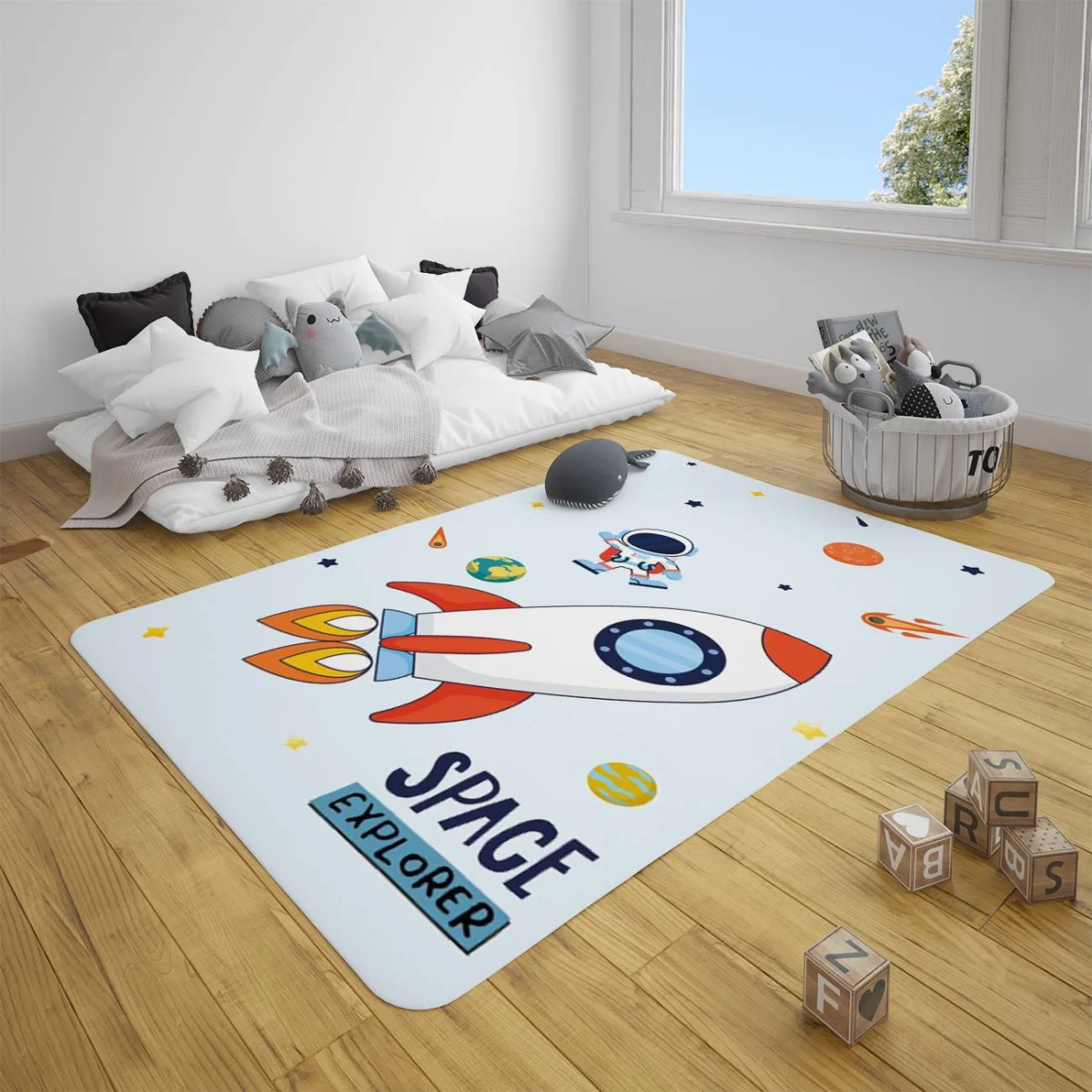 Uzay Çocuk Halısı | Açık Mavi Astronot, roket Desenli