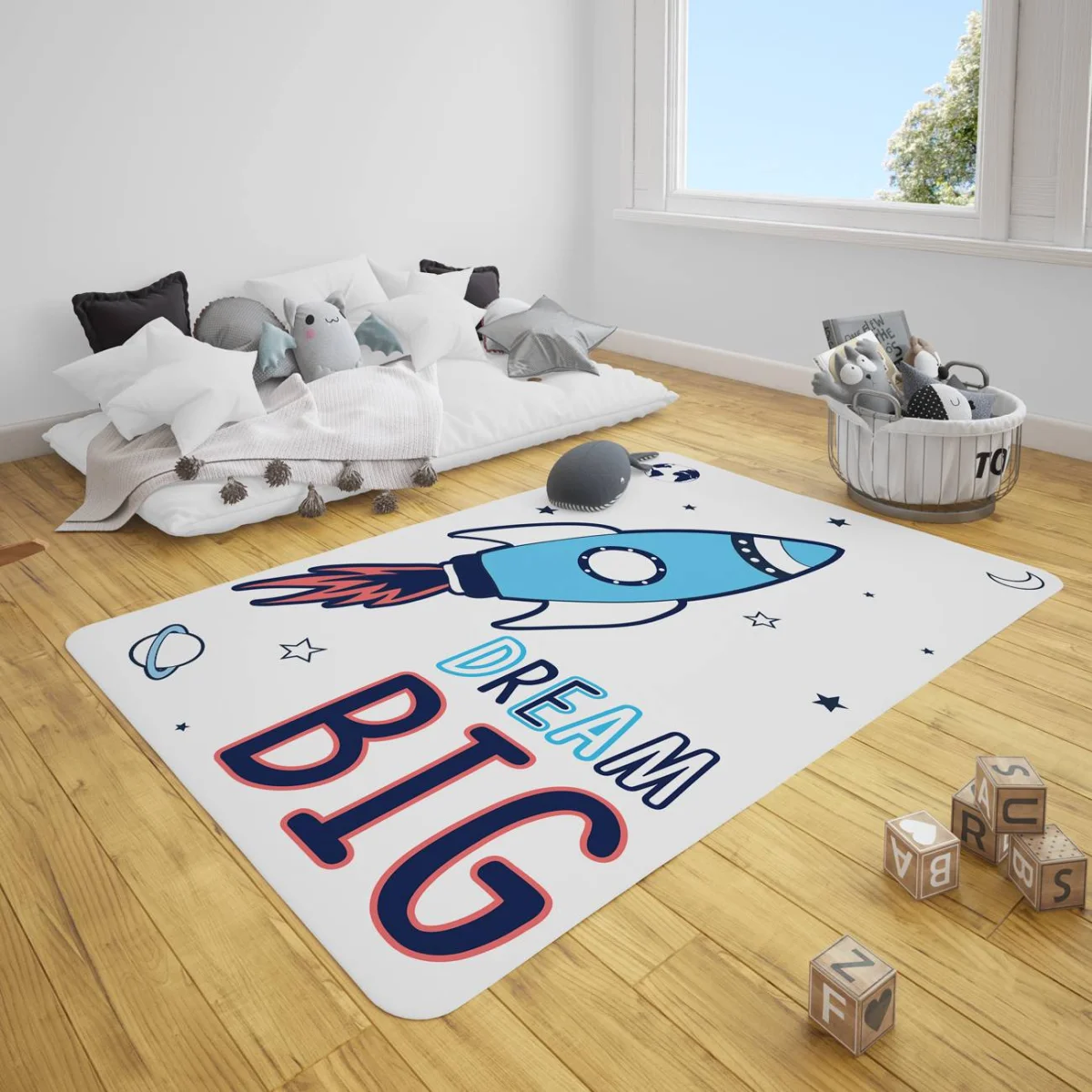 Uzay Çocuk Halısı | Beyaz yıldız, gezegen Desenli