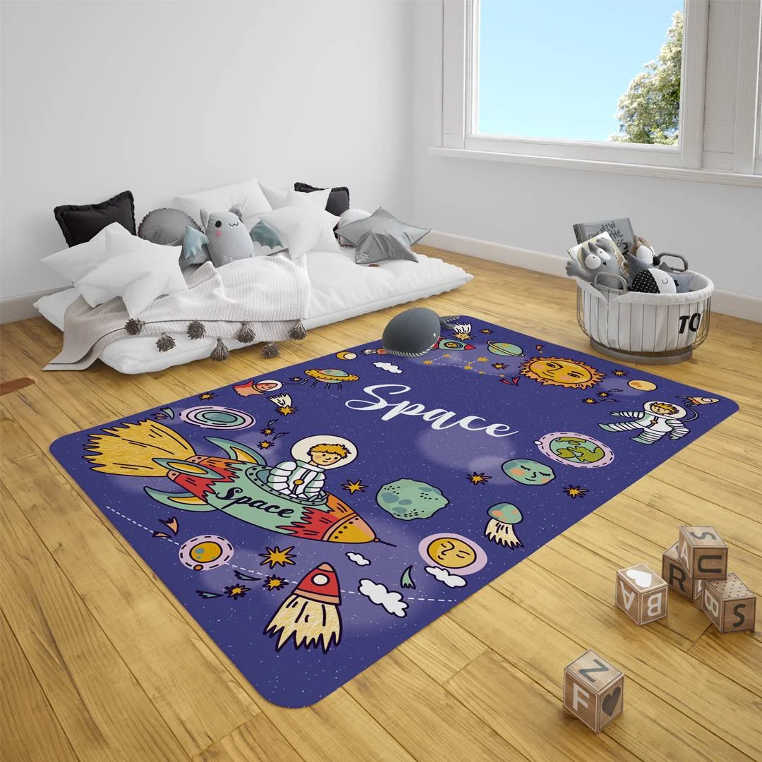 Uzay Çocuk Halısı | Mavi yıldız, gezegen Desenli