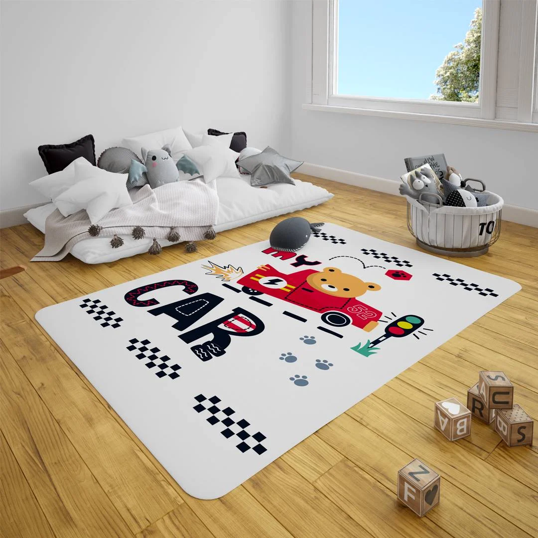 Ayı ve yarış arabası Çocuk Halısı | Beyaz Trafik ışığı, patik izi Desenli
