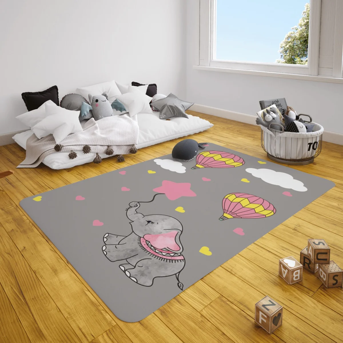 Fil ve Sıcak Hava Balonları Çocuk Halısı | Gri Kalpler, bulutlar Desenli