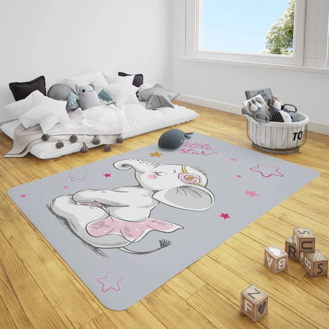Fil ve Yıldız Çocuk Halısı | Gri Pembe ve altın yıldızlar, little star yazısı Desenli