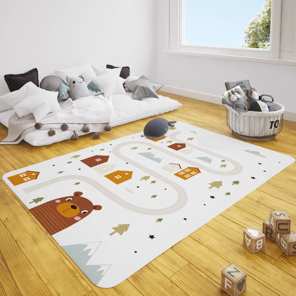 Orman Hayvanları Çocuk Halısı | Beyaz ayı, ev Desenli