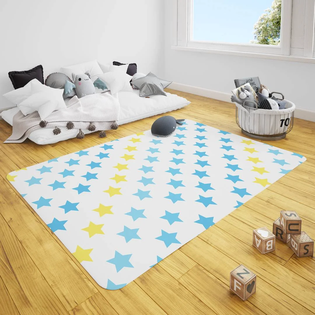 Yıldızlar Çocuk Halısı | Beyaz Mavi ve sarı yıldızlar Desenli