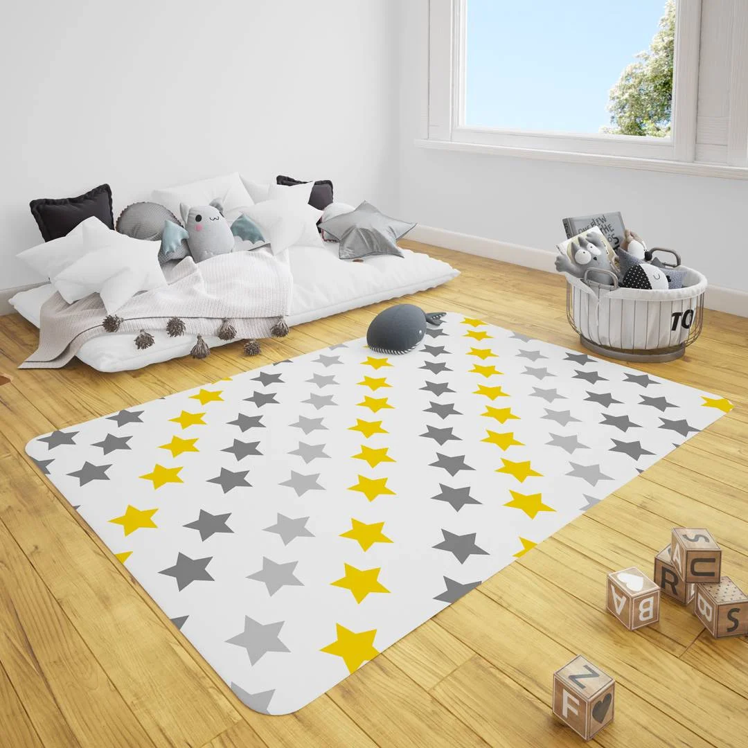 Yıldız Çocuk Halısı | Beyaz sarı ve gri yıldızlar Desenli